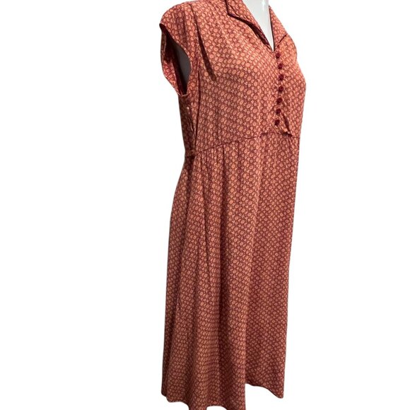 April Cornell Vtg Cap Sleeve Floral Midi Dress, Red Tan, L - Picture 9 of 10